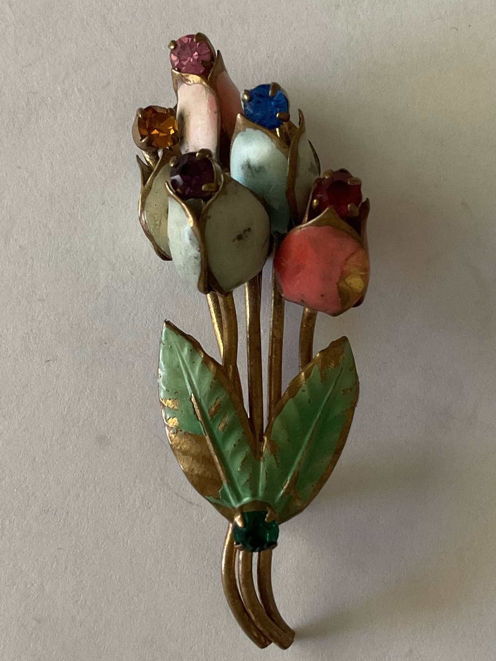 Antique Floral Enamel & Gemstone Brooch - Multicolor